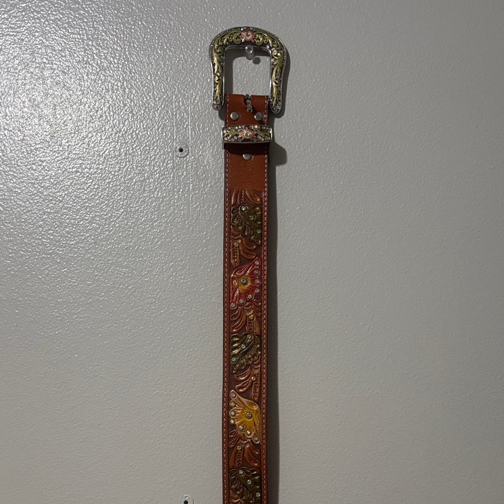 Brown Leather Belt with Embossed Floral Design